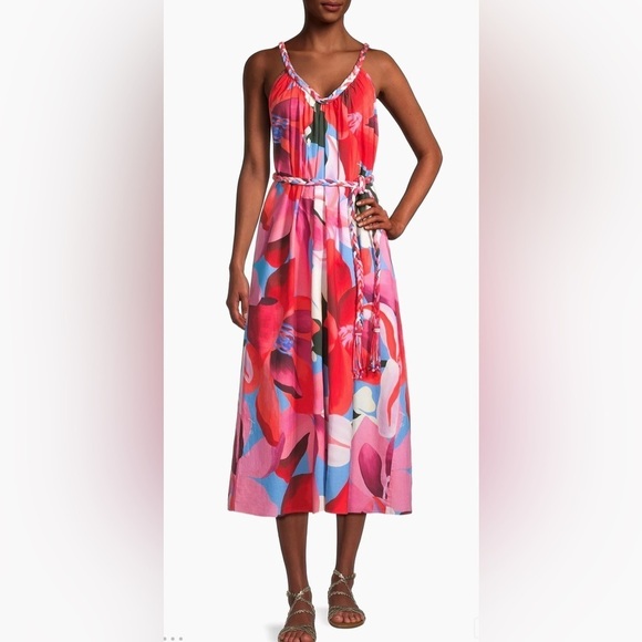 FARM Rio Dresses & Skirts - Farm Rio Watercolor Floral Cotton Tie-Waist Midi-Dress